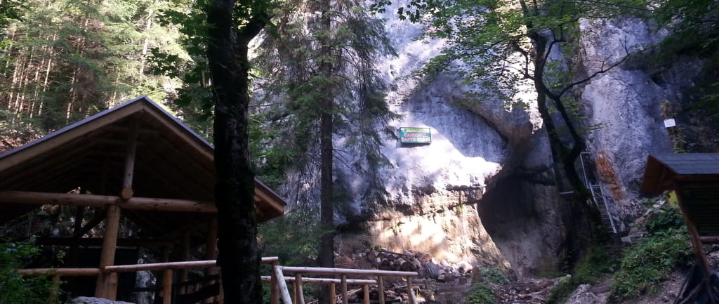Intrarea in Canionul Sapte Scari din Masivul Piatra Mare